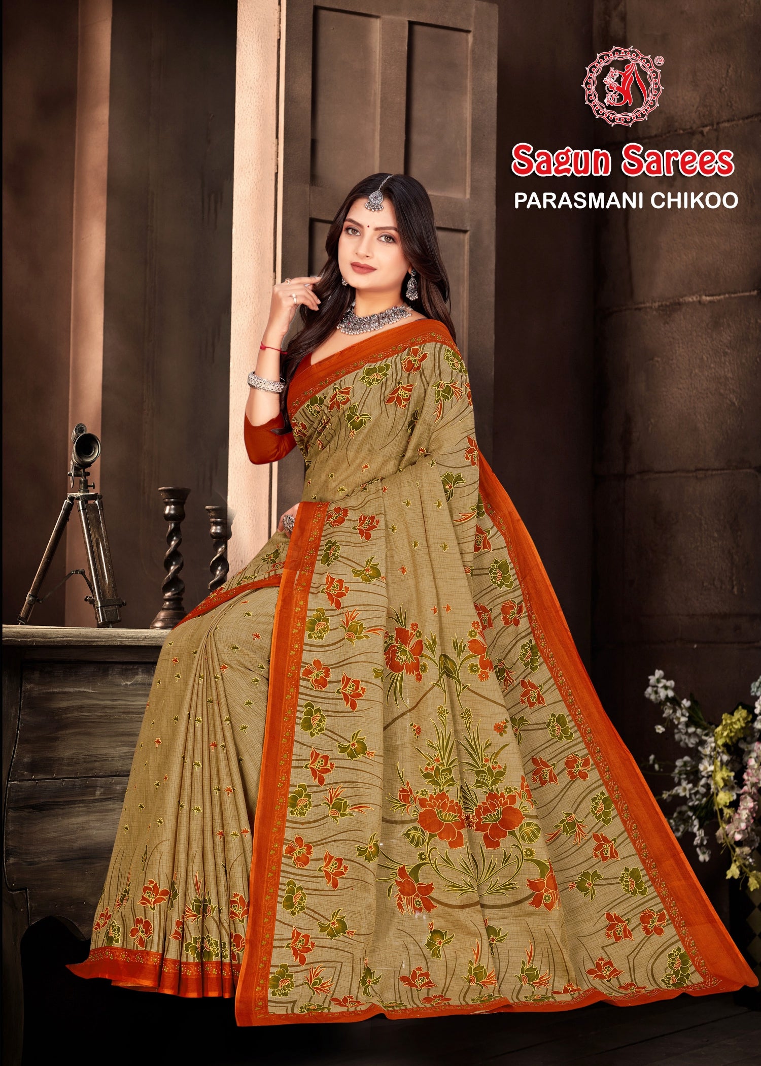 Parasmani Chikoo Cotton Printed Saree – Set of 8 Pcs -M.R. Saree Emporium