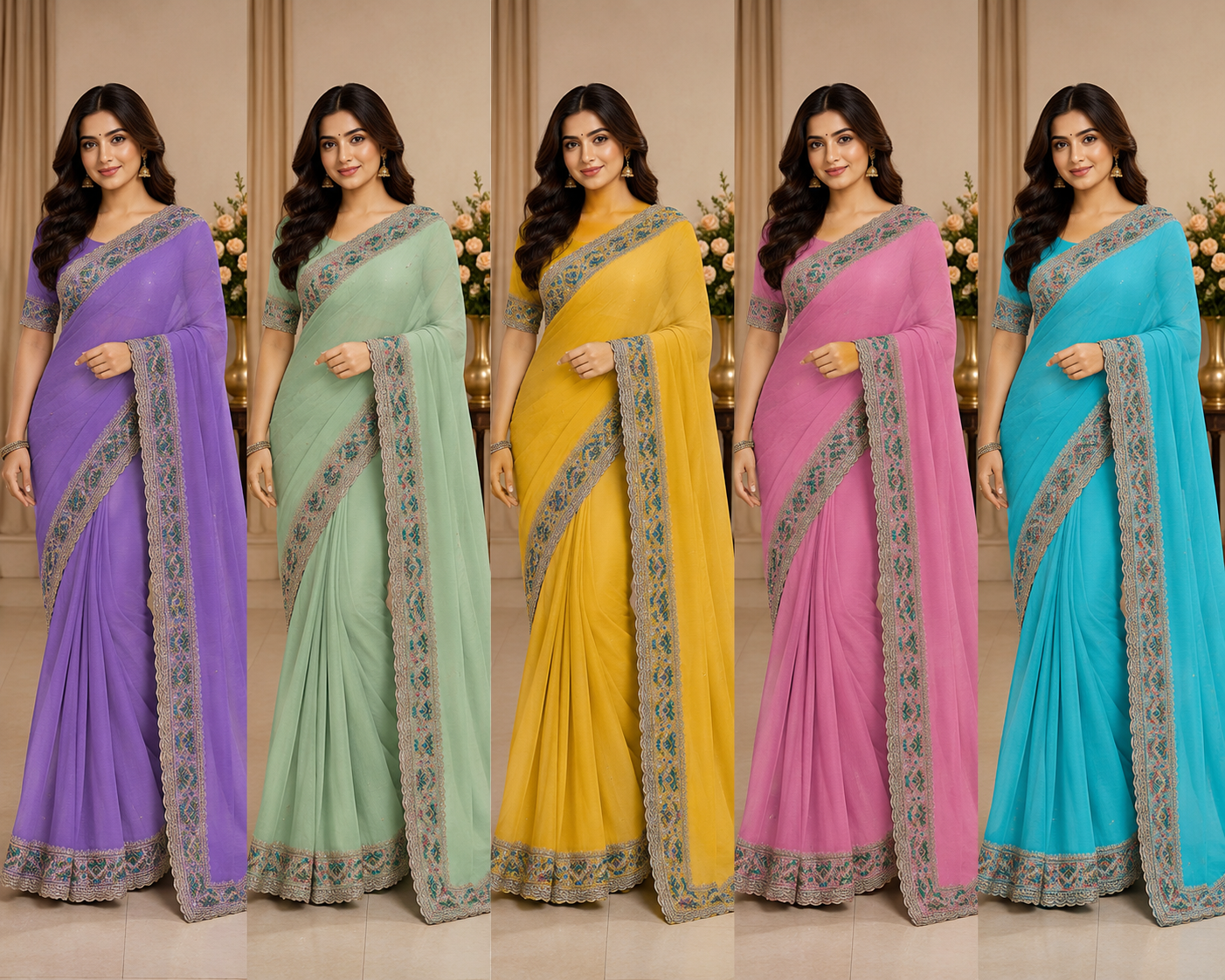 Pastel Chiffon Saree Set with Designer Embroidered Border (5 Colors) Lightweight Party Wear - M.R. Saree Emporium