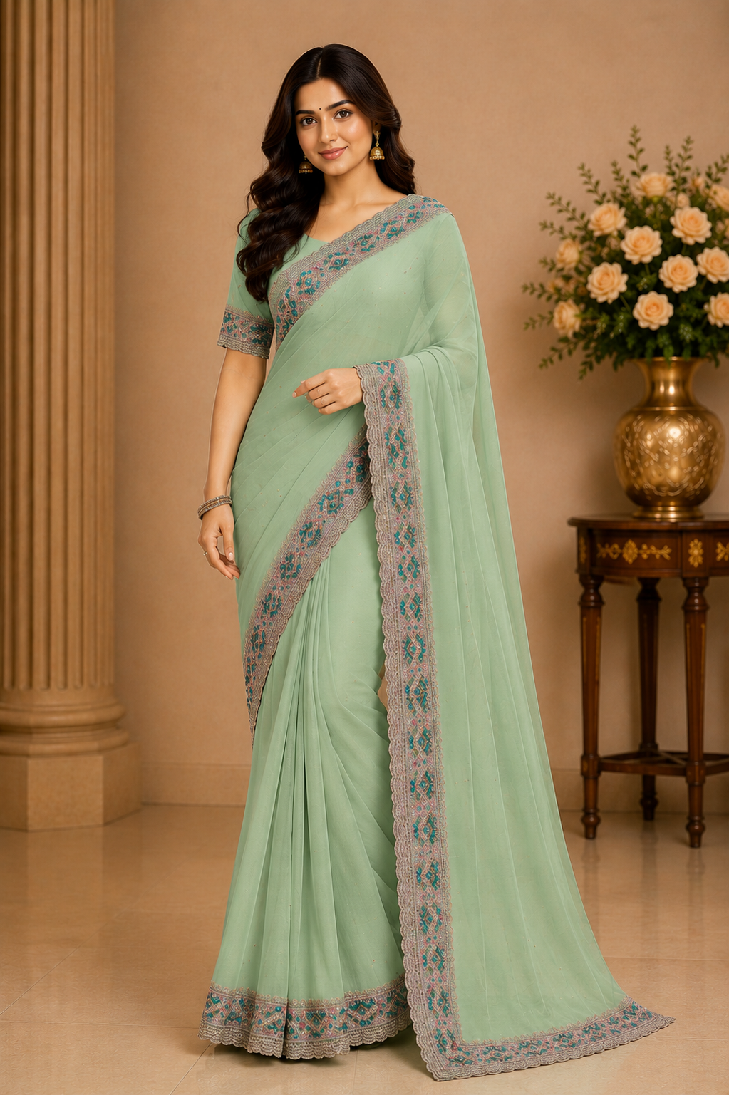 Pastel Chiffon Saree Set with Designer Embroidered Border (5 Colors) Lightweight Party Wear - M.R. Saree Emporium
