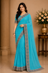 Pastel Chiffon Saree Set with Designer Embroidered Border (5 Colors) Lightweight Party Wear - M.R. Saree Emporium