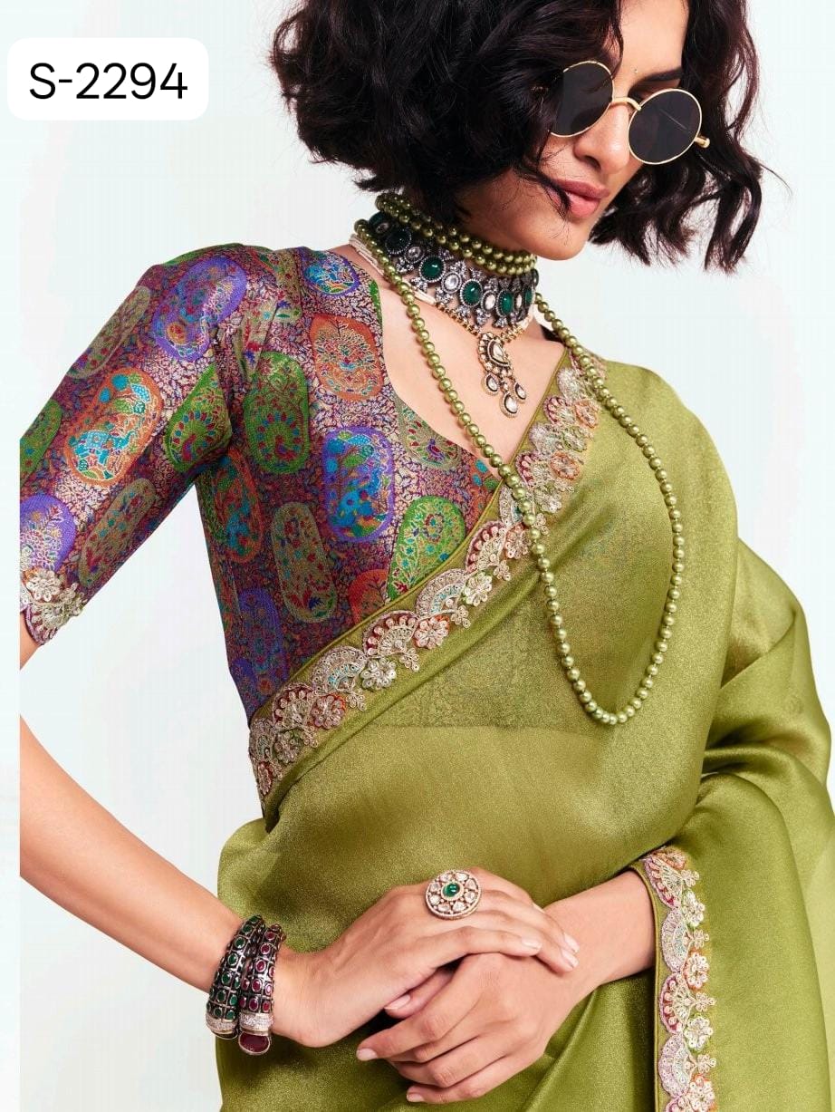 S-2294 Premium Pure Fancy Tissue Saree with Designer Contrast Handwork Blouse