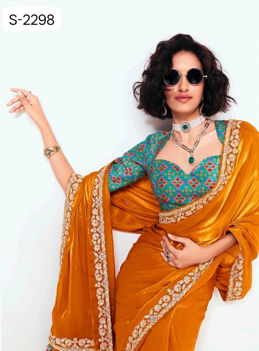 S-2298 Premium Pure Fancy Tissue Saree with Designer Contrast Handwork Blouse