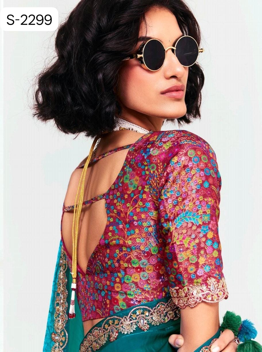 S-2299 Premium Pure Fancy Tissue Saree with Designer Contrast Handwork Blouse