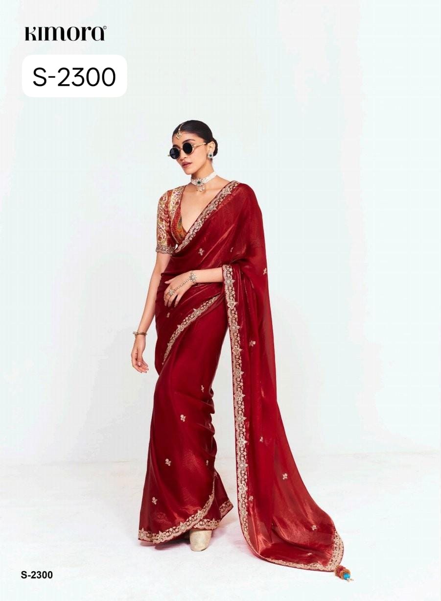 S-2300 Premium Pure Fancy Tissue Saree with Designer Contrast Handwork Blouse