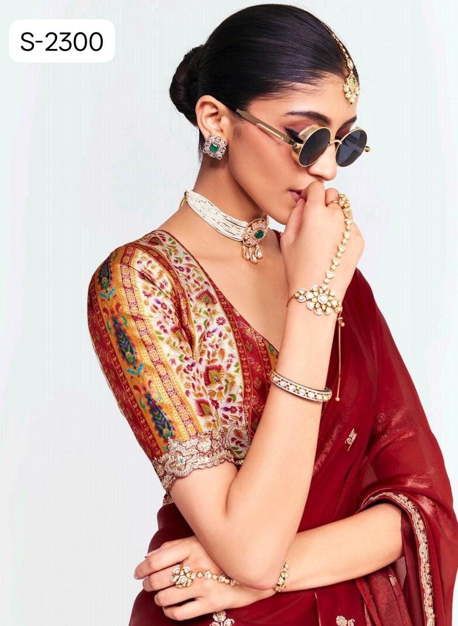 Kimora Deevangi Vol-33 Premium Pure Fancy Tissue Saree with Designer Contrast Handwork Blouse