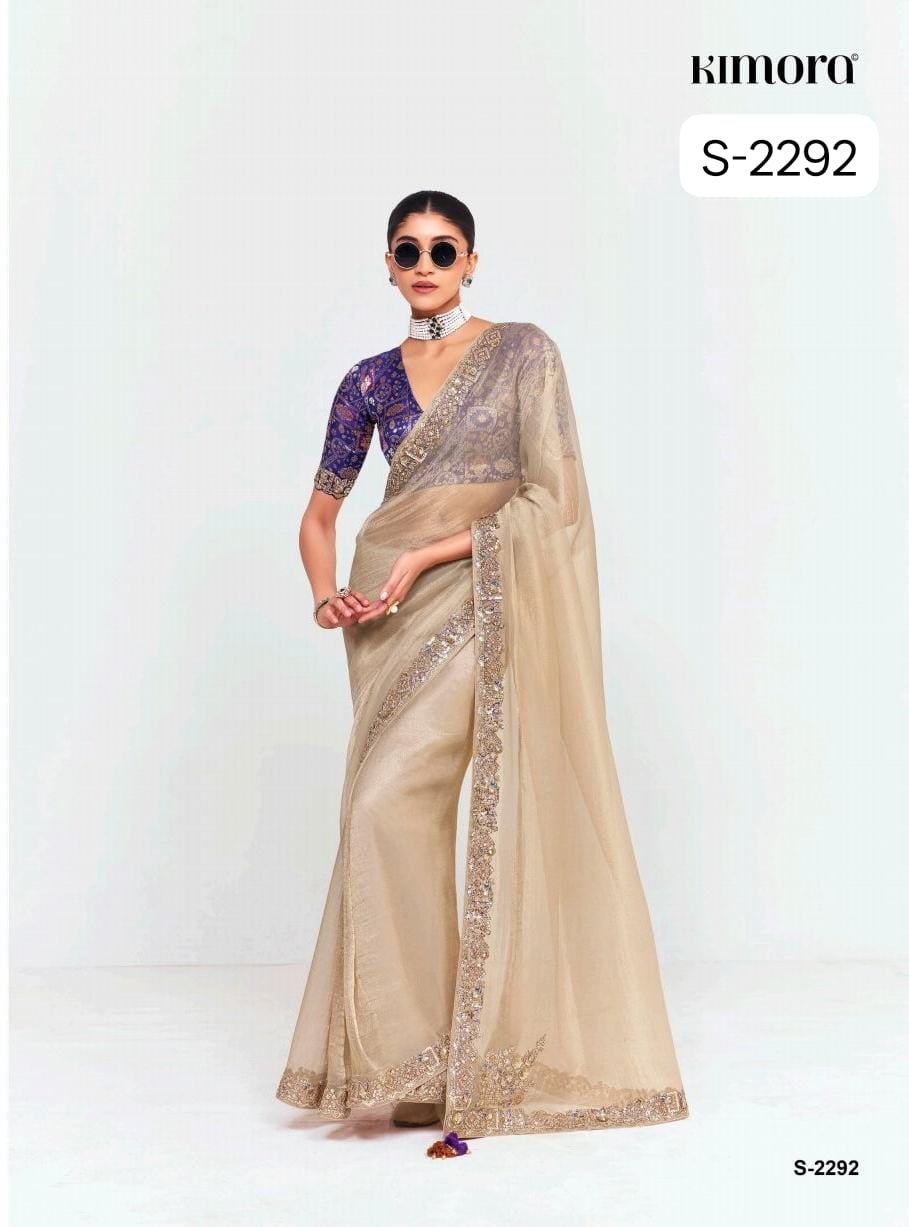S-2292 Premium Pure Fancy Tissue Saree with Designer Contrast Handwork Blouse