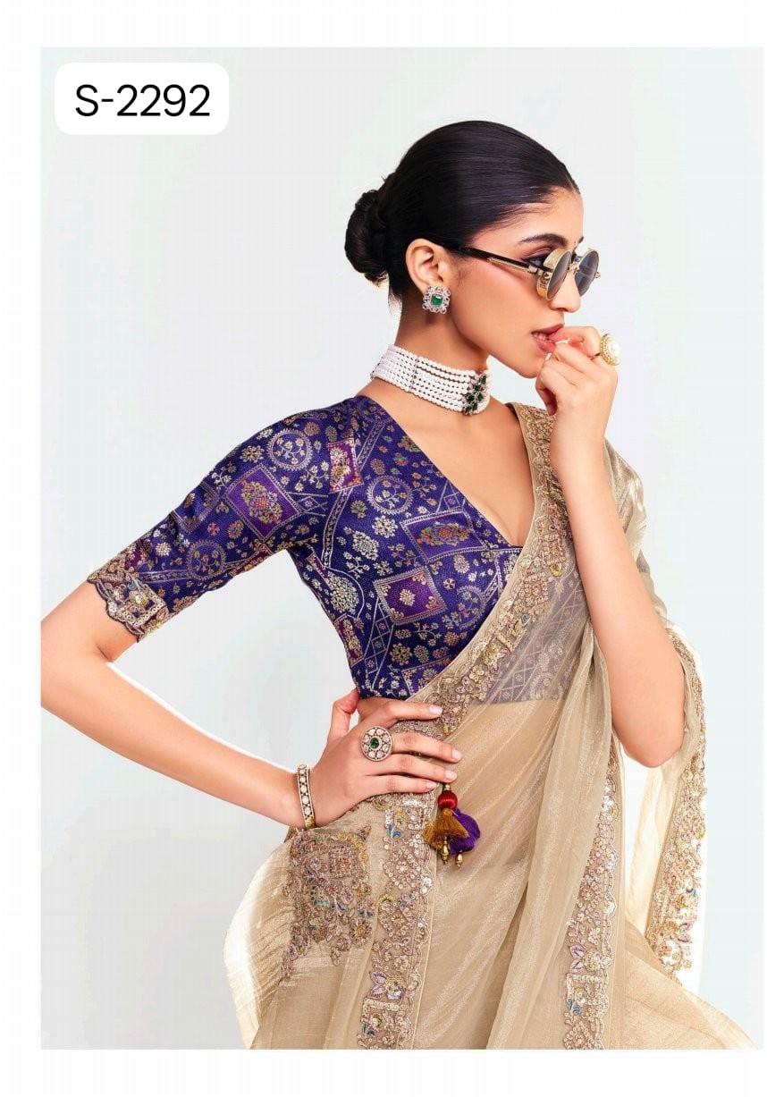 S-2292 Premium Pure Fancy Tissue Saree with Designer Contrast Handwork Blouse