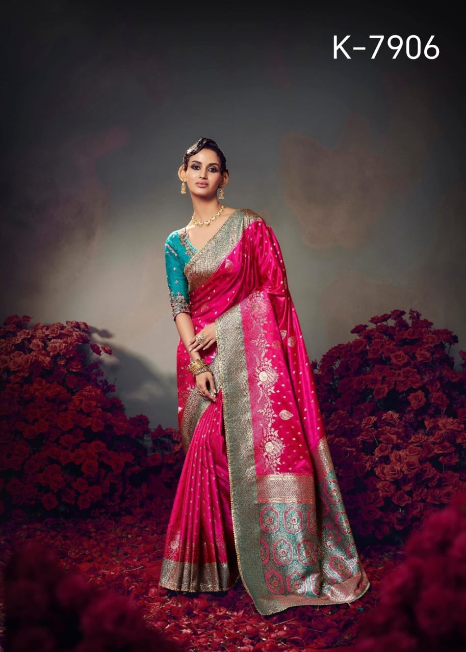 Pure Satin Banarasi Saree - Rich Zari Border & Heavy Embroidered Blouse