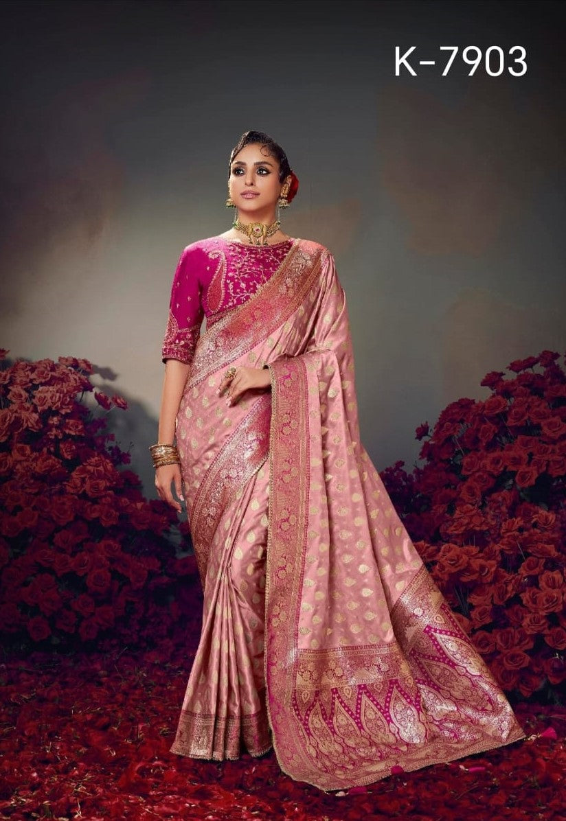 Pure Satin Banarasi Saree - Rich Zari Border & Heavy Embroidered Blouse