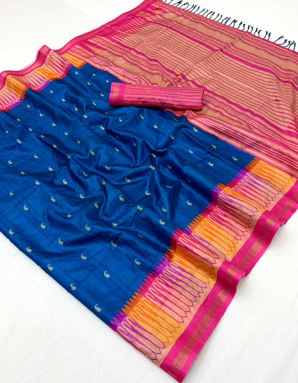 RajYog Pushpa Tusser Saree with Designer Print & Tassels - 8 Pcs Set