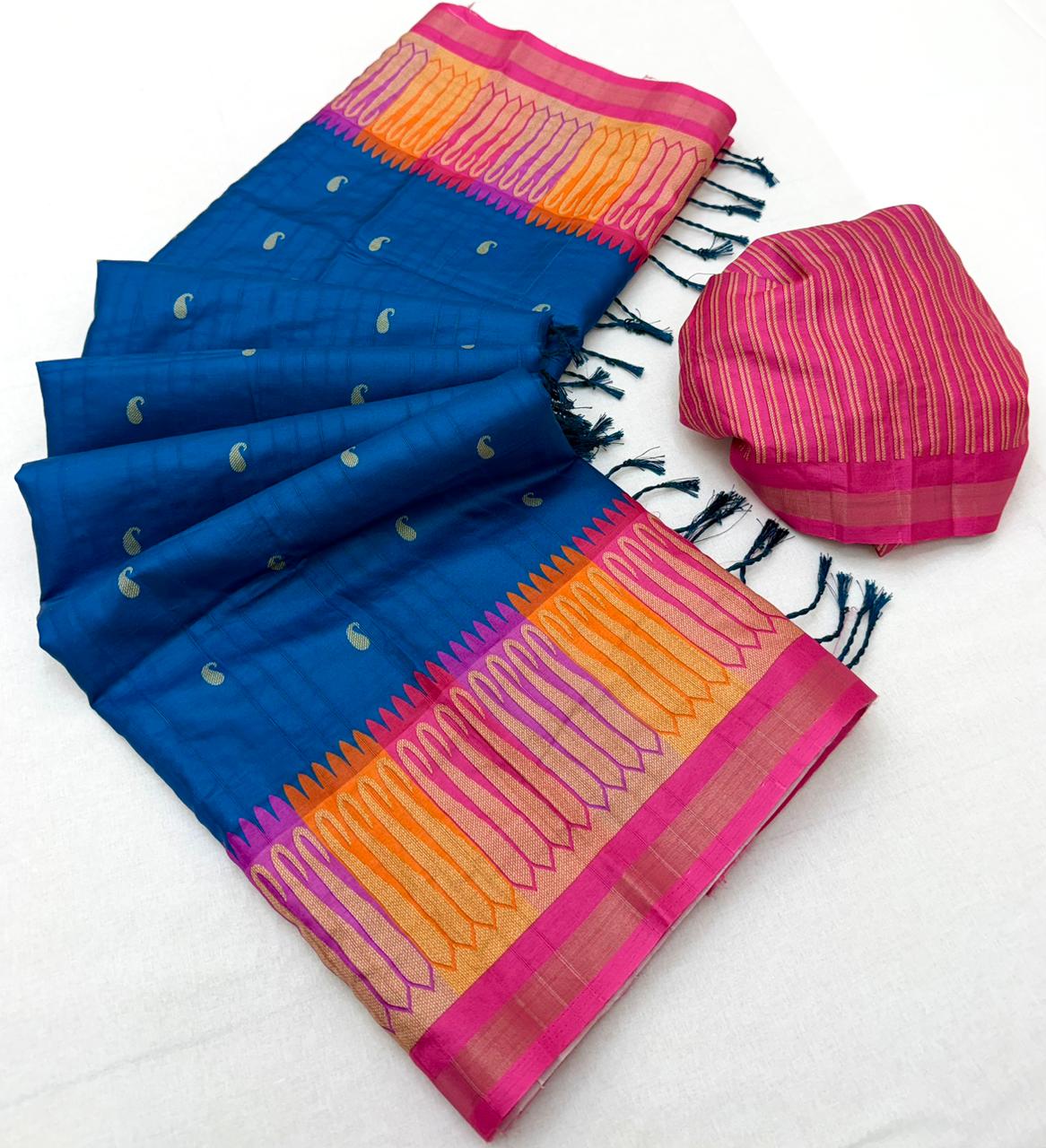 RajYog Pushpa Tusser Saree with Designer Print & Tassels - 8 Pcs Set