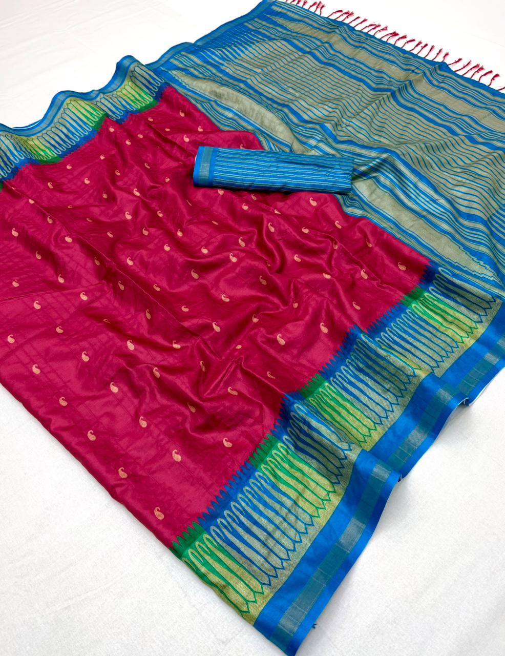 RajYog Pushpa Tusser Saree with Designer Print & Tassels - 8 Pcs Set