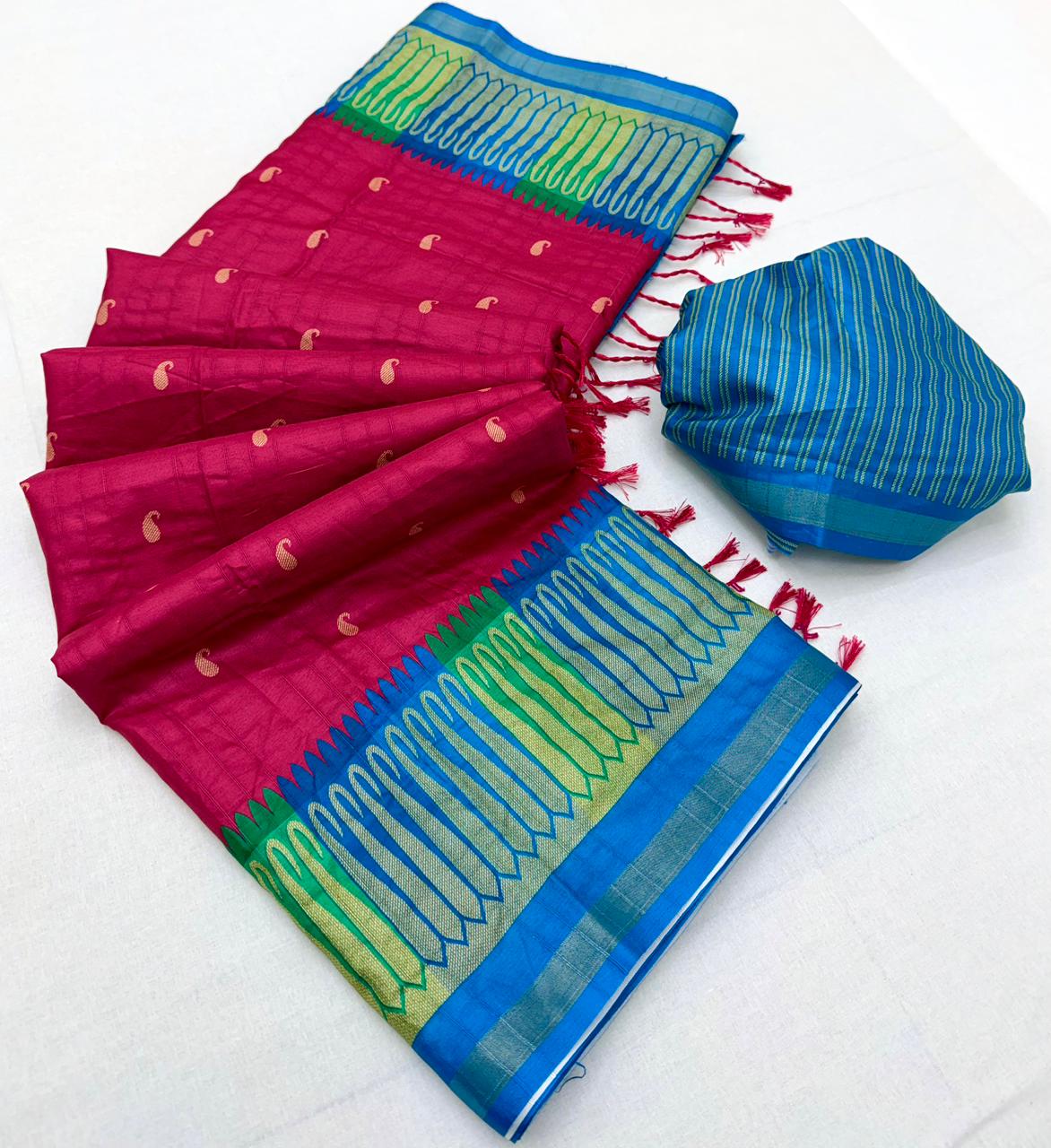 RajYog Pushpa Tusser Saree with Designer Print & Tassels - 8 Pcs Set