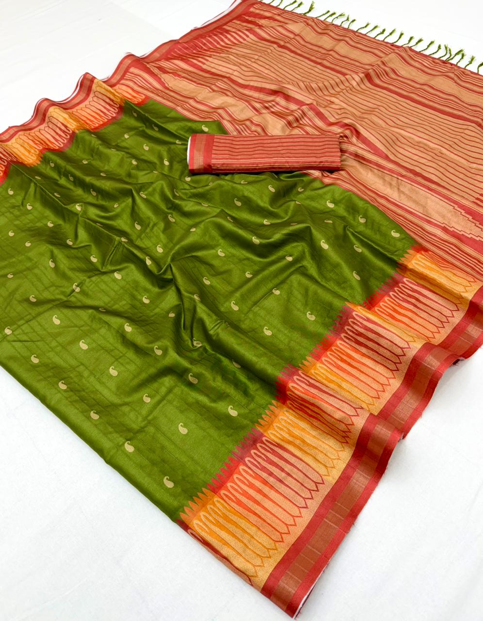 RajYog Pushpa Tusser Saree with Designer Print & Tassels - 8 Pcs Set