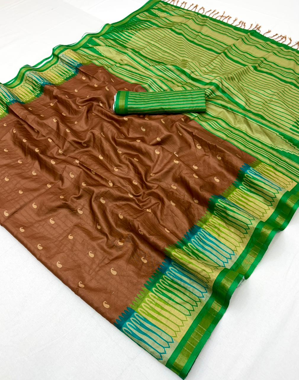 RajYog Pushpa Tusser Saree with Designer Print & Tassels - 8 Pcs Set