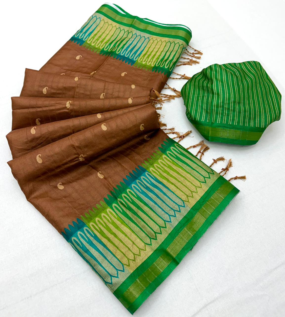 RajYog Pushpa Tusser Saree with Designer Print & Tassels - 8 Pcs Set