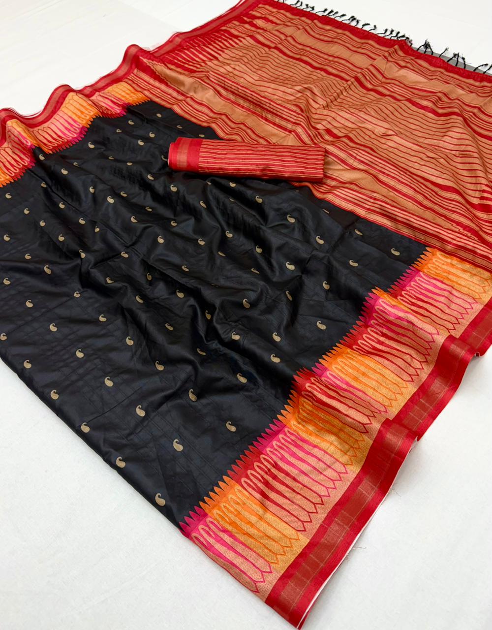 RajYog Pushpa Tusser Saree with Designer Print & Tassels - 8 Pcs Set