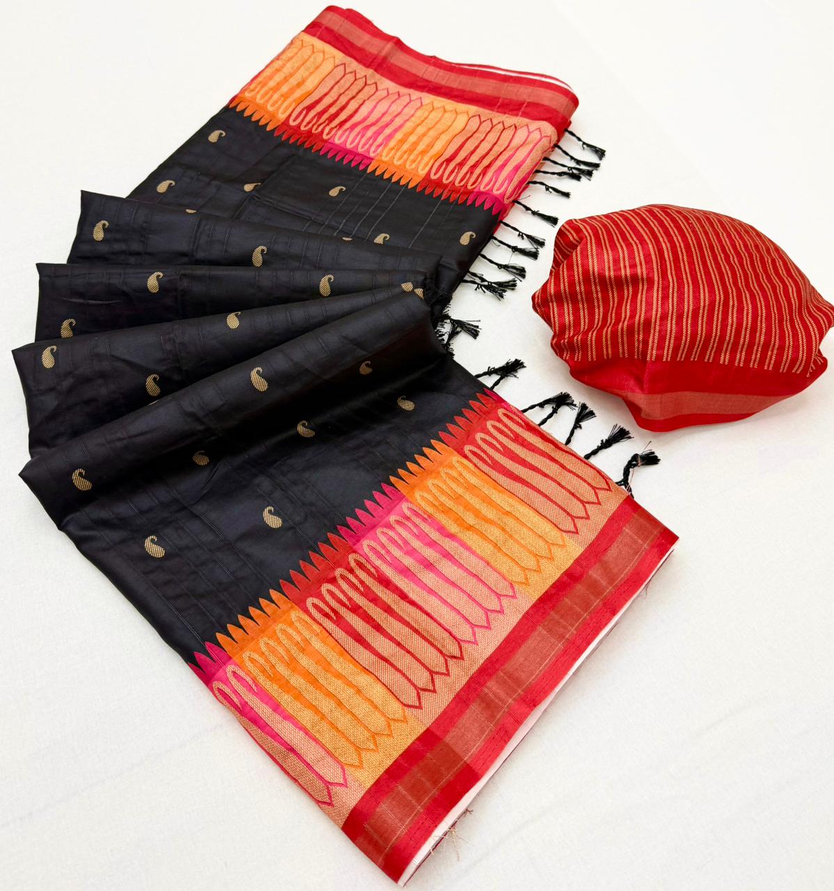 RajYog Pushpa Tusser Saree with Designer Print & Tassels - 8 Pcs Set