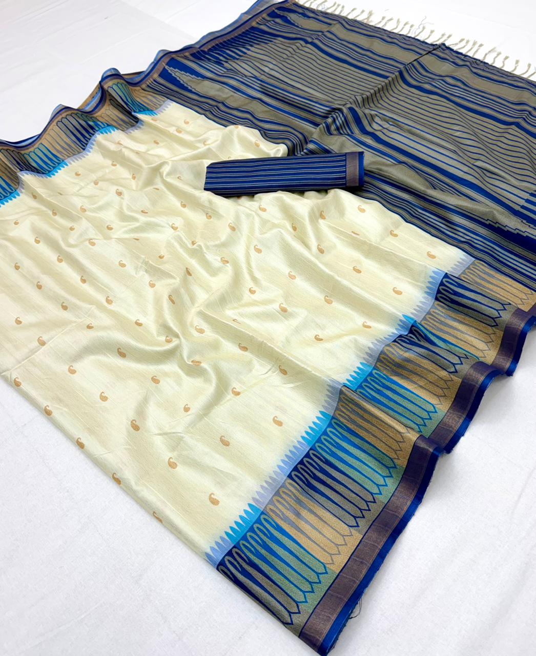 RajYog Pushpa Tusser Saree with Designer Print & Tassels - 8 Pcs Set
