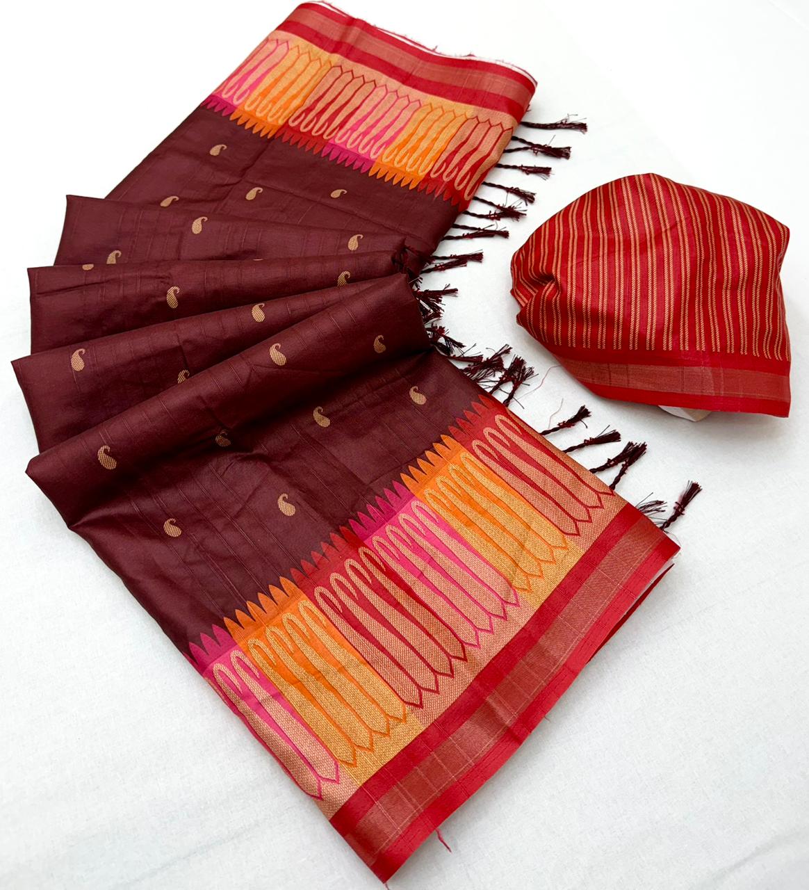 RajYog Pushpa Tusser Saree with Designer Print & Tassels - 8 Pcs Set