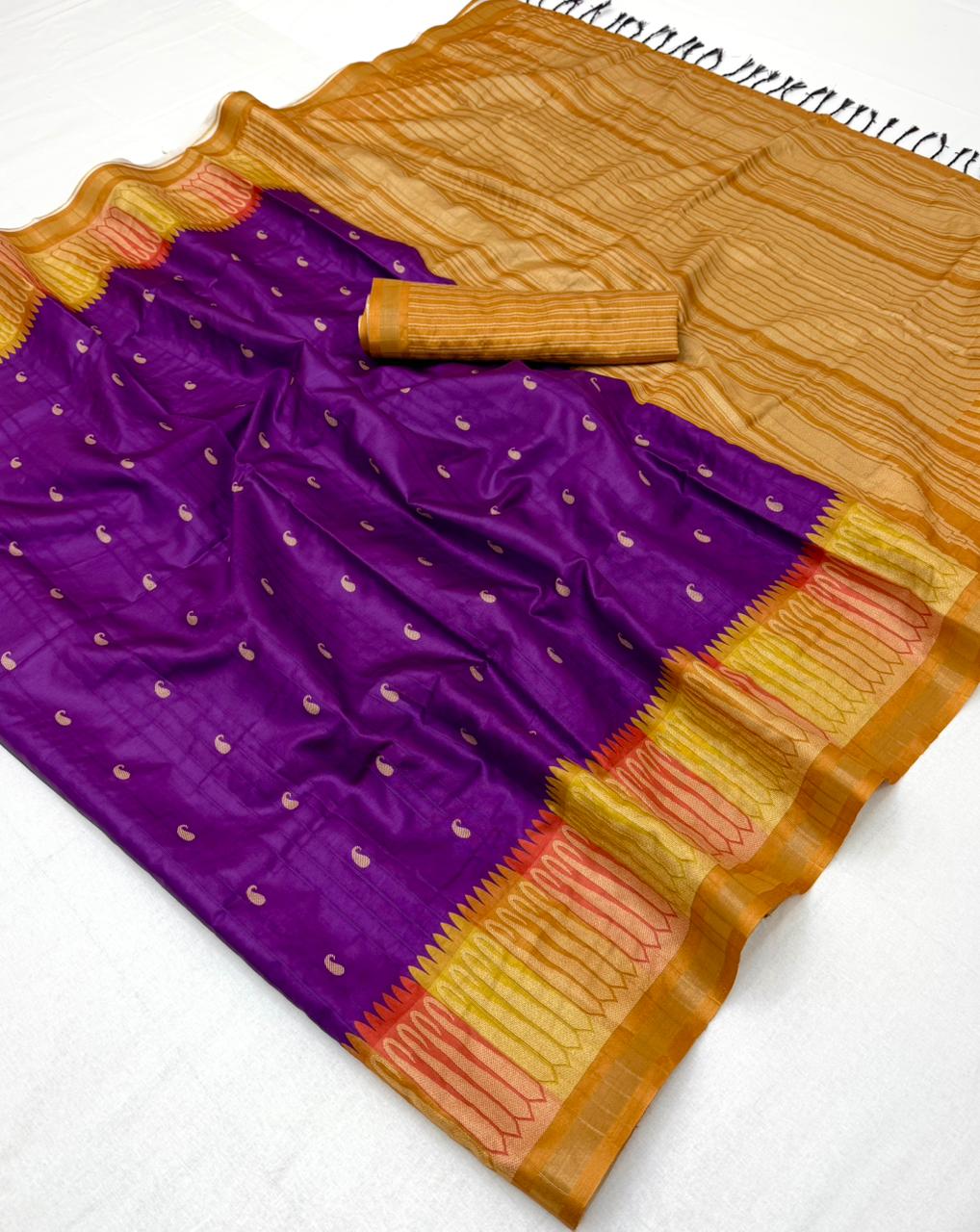 RajYog Pushpa Tusser Saree with Designer Print & Tassels - 8 Pcs Set