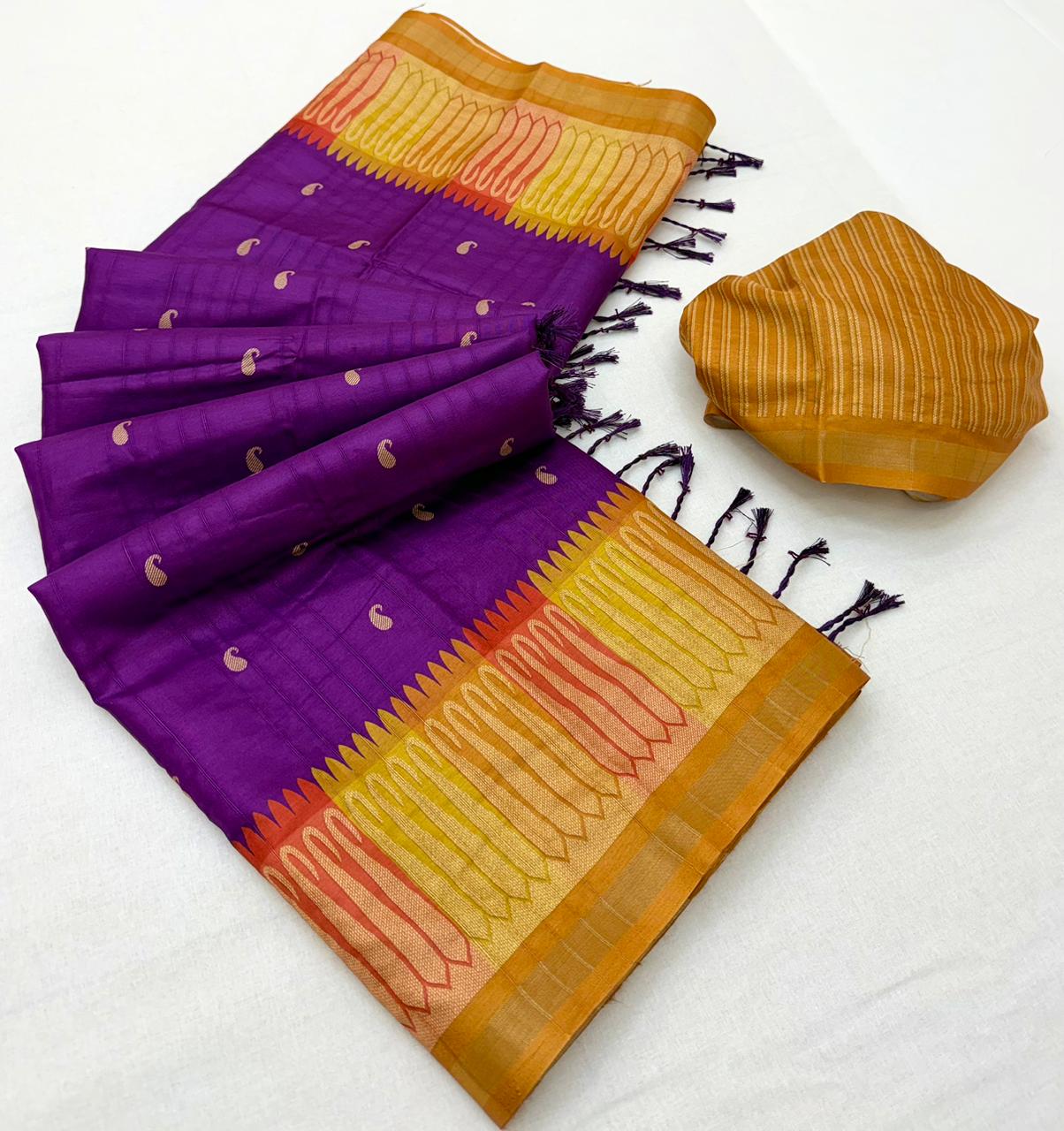 RajYog Pushpa Tusser Saree with Designer Print & Tassels - 8 Pcs Set