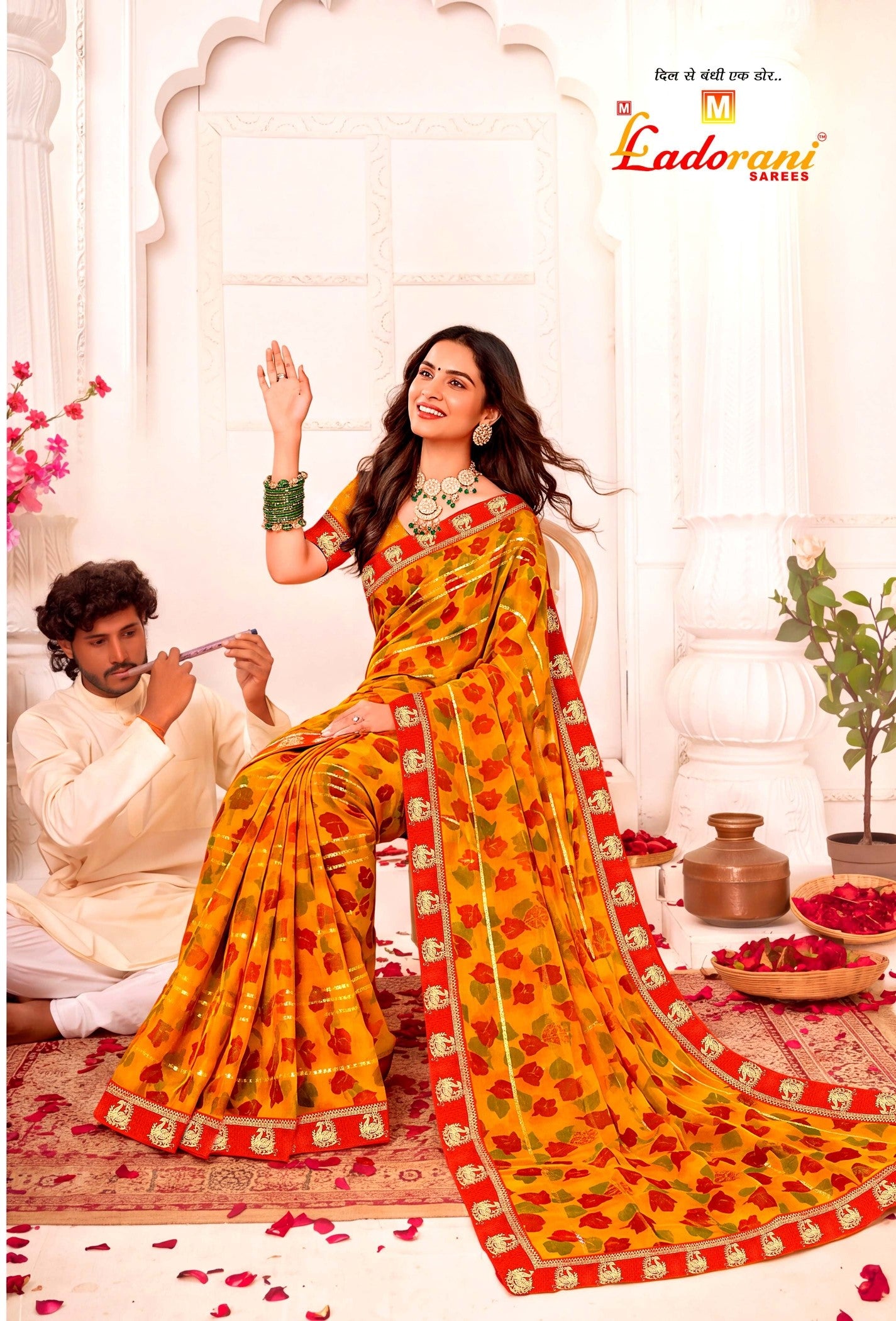Ladorani Rangeela Designer Saree with Zari Border - 8 Pcs Set
