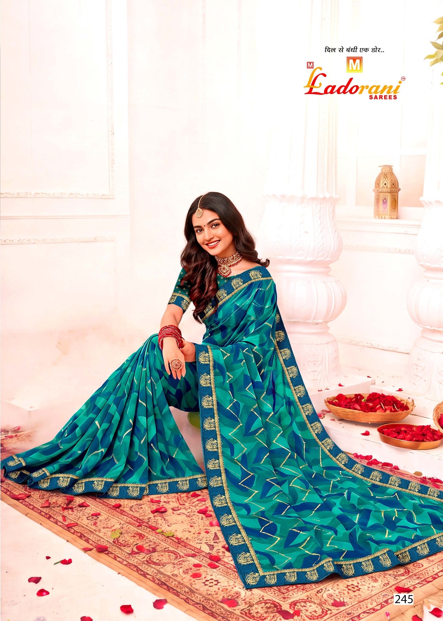 Ladorani Rangeela Designer Saree with Zari Border - 8 Pcs Set