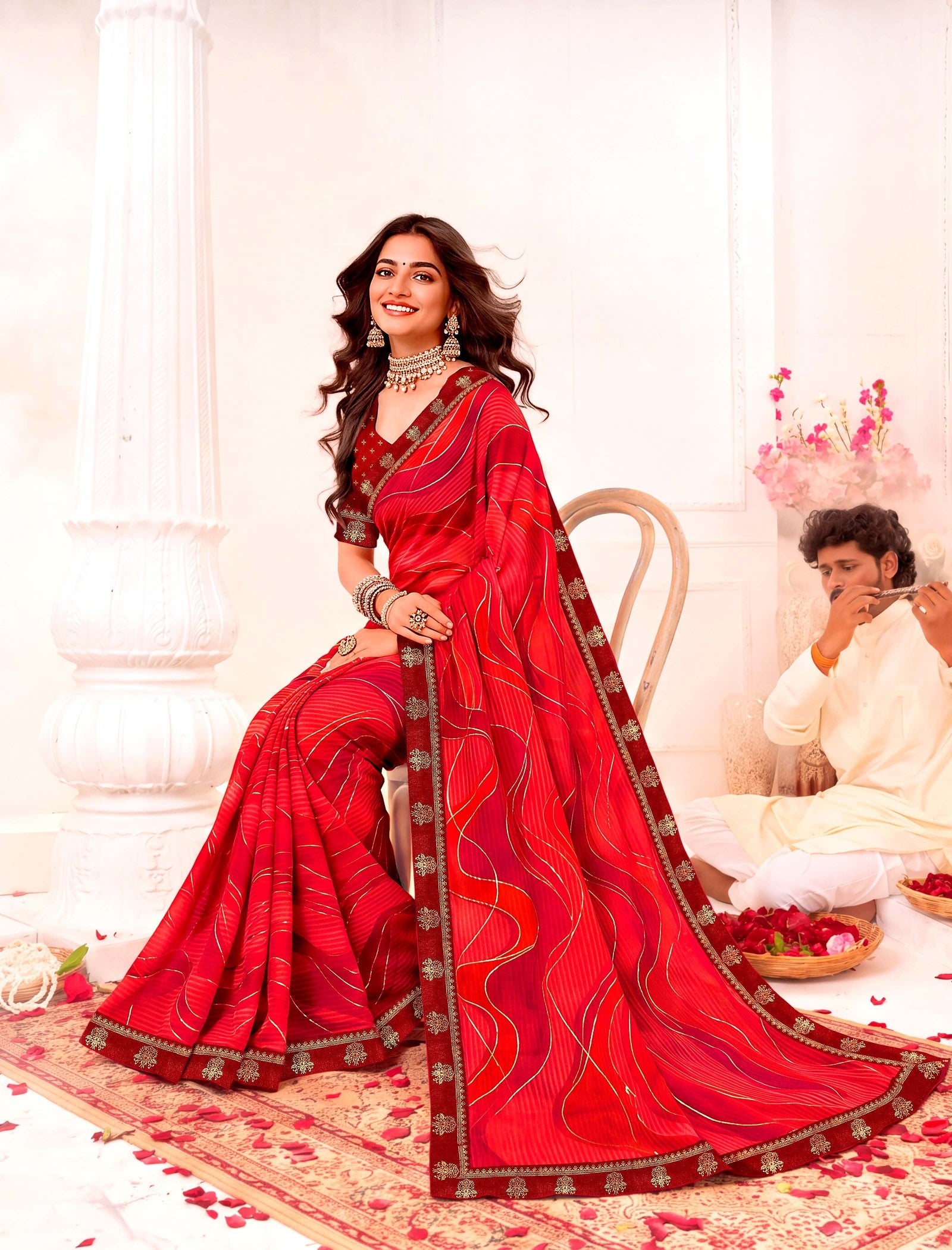 Ladorani Rangeela Designer Saree with Zari Border - 8 Pcs Set