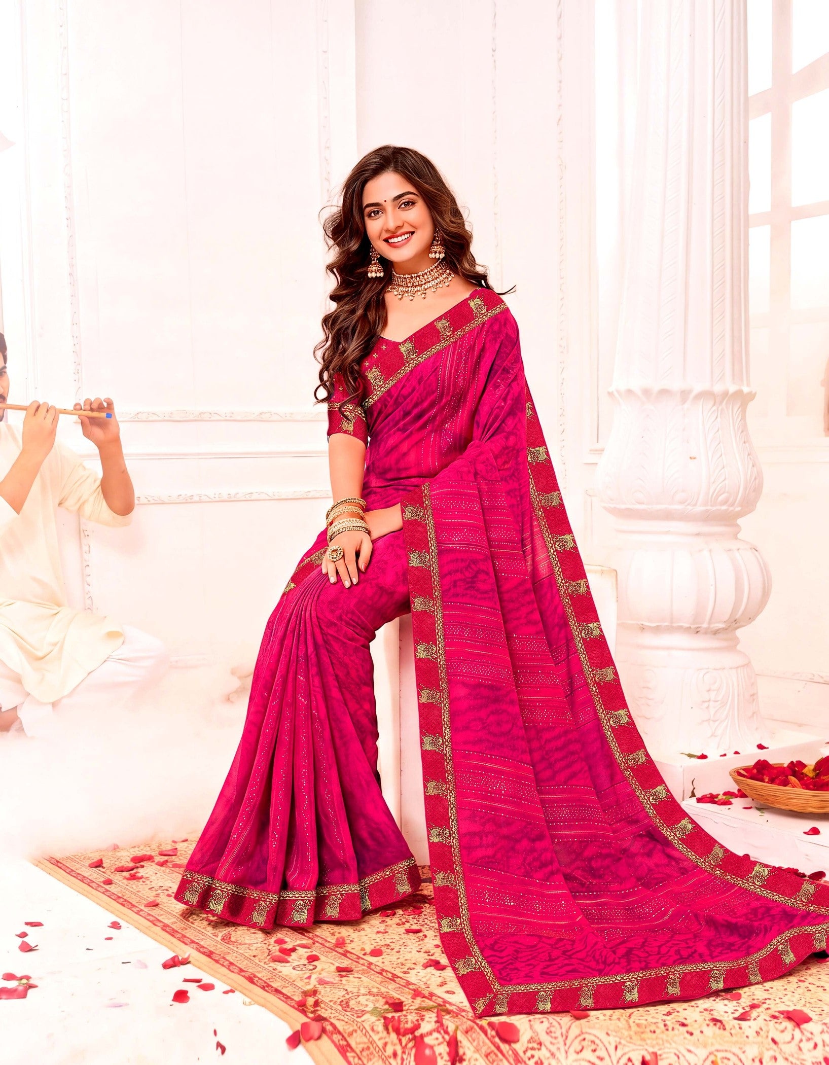 Ladorani Rangeela Designer Saree with Zari Border - 8 Pcs Set