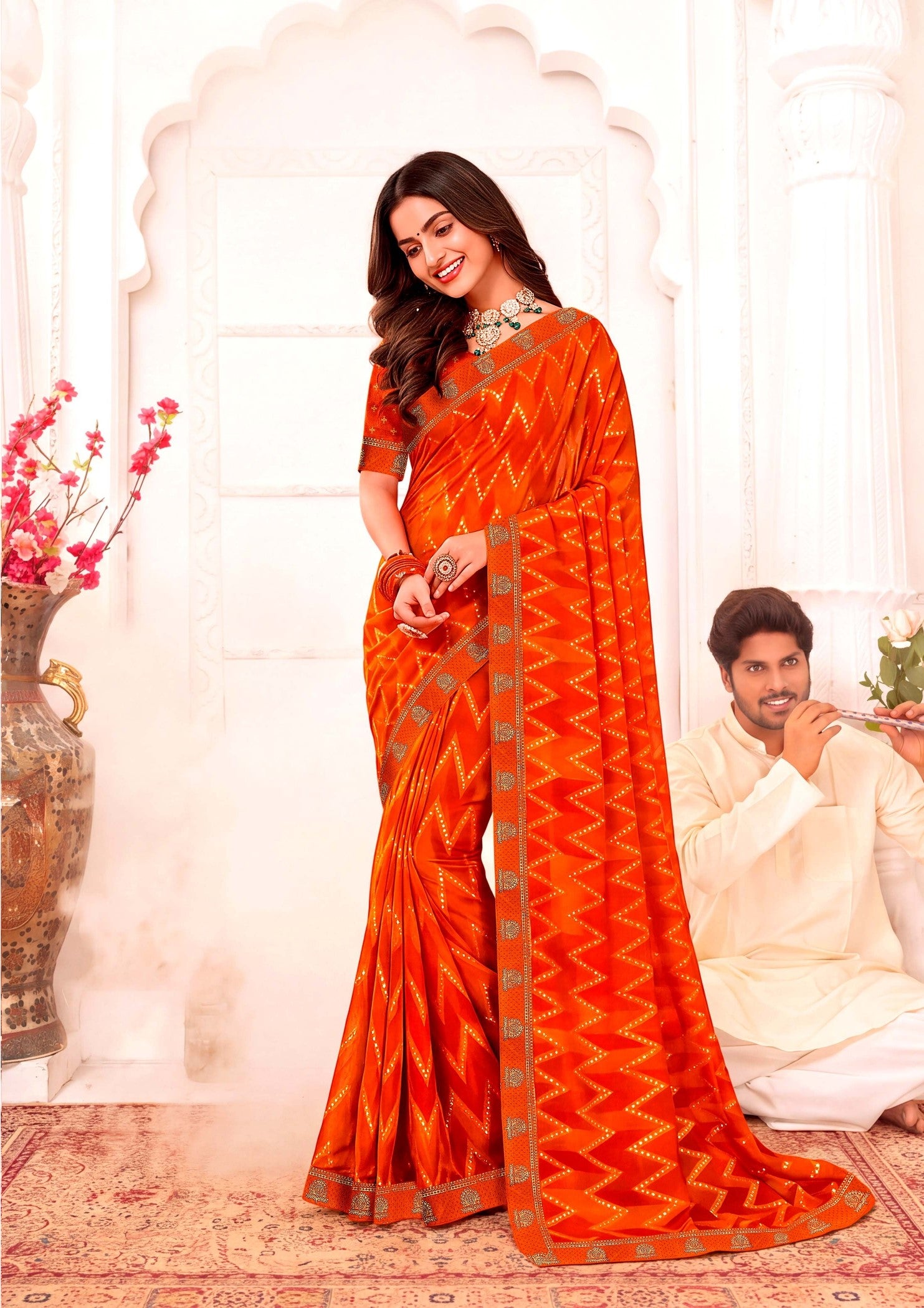 Ladorani Rangeela Designer Saree with Zari Border - 8 Pcs Set