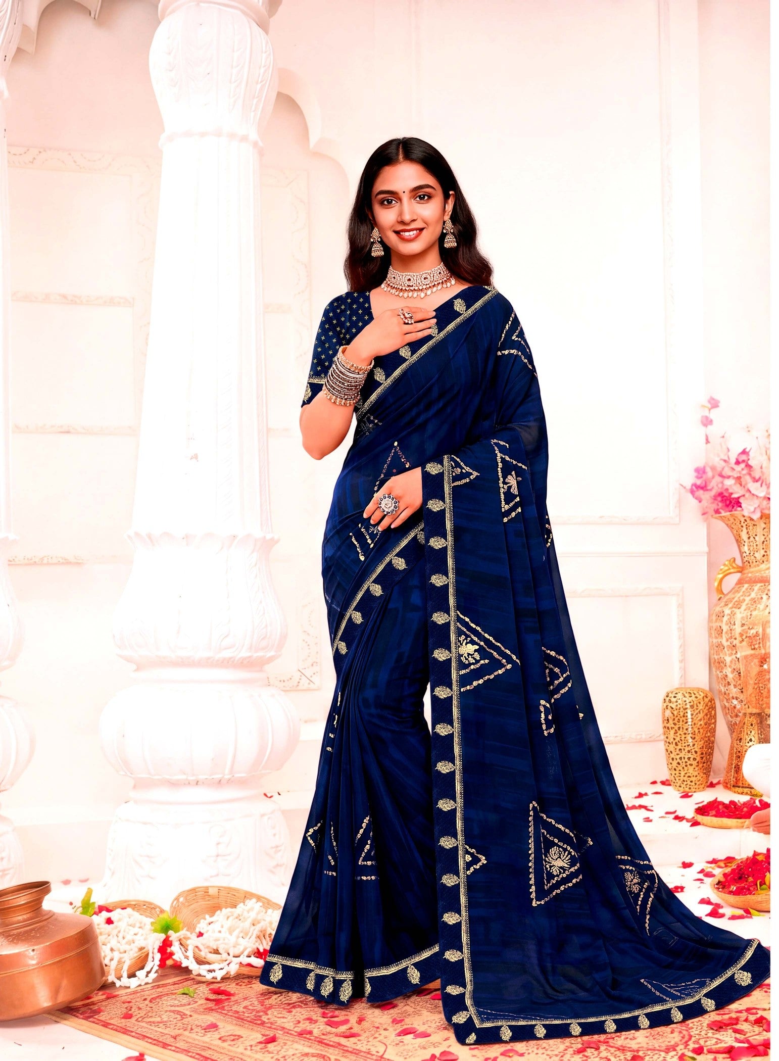 Ladorani Rangeela Designer Saree with Zari Border - 8 Pcs Set