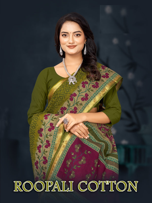 Roopali Cotton Fancy Saree – 8 Pcs Set -Printed Cotton Fabric M.R. Saree Emporium