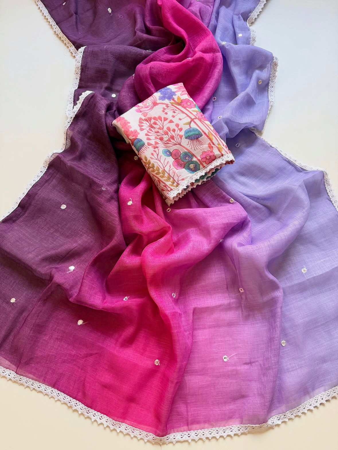 RajMata Dhanak Linen – Soft Linen Thread Border Saree 6 Pcs Set