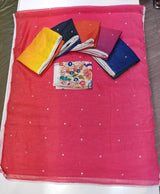 RajMata Dhanak Linen – Soft Linen Thread Border Saree 6 Pcs Set