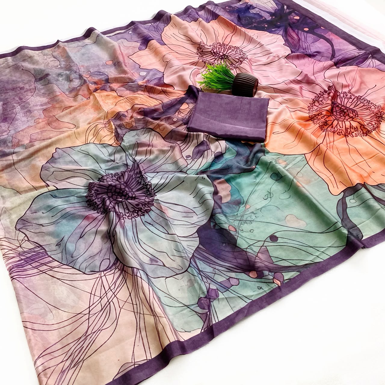 RajMata Ruby Crepe Saree with Fancy Digital Print - 8Pcs Set