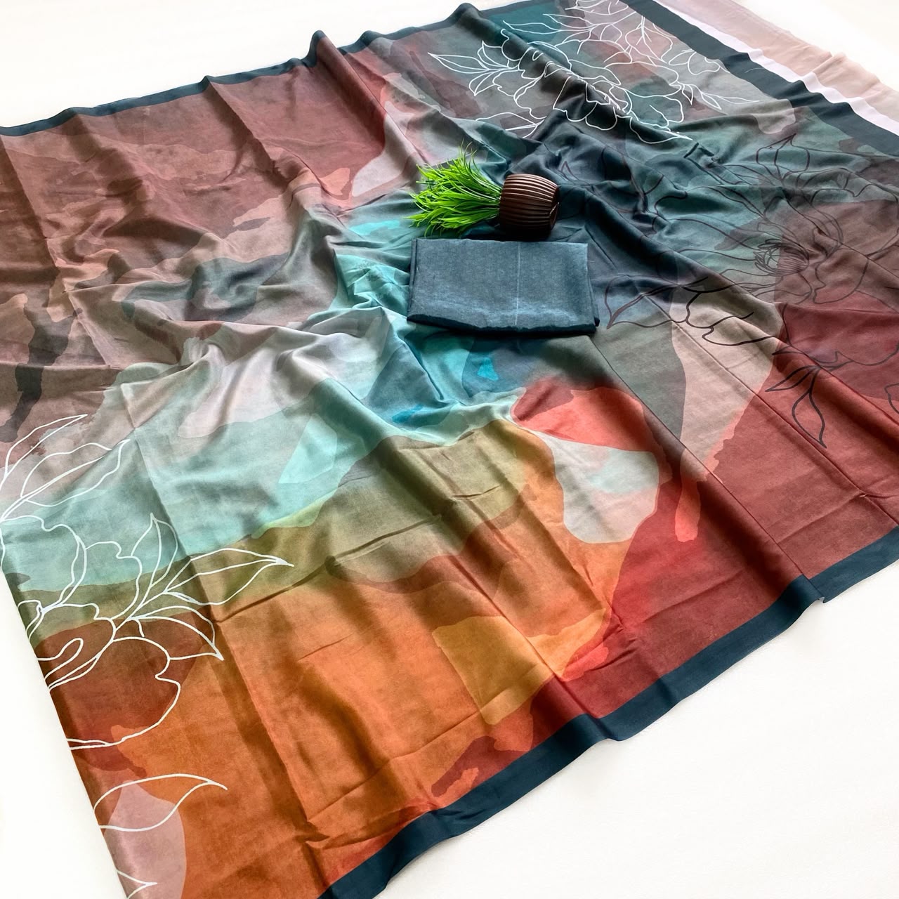 RajMata Ruby Crepe Saree with Fancy Digital Print - 8Pcs Set