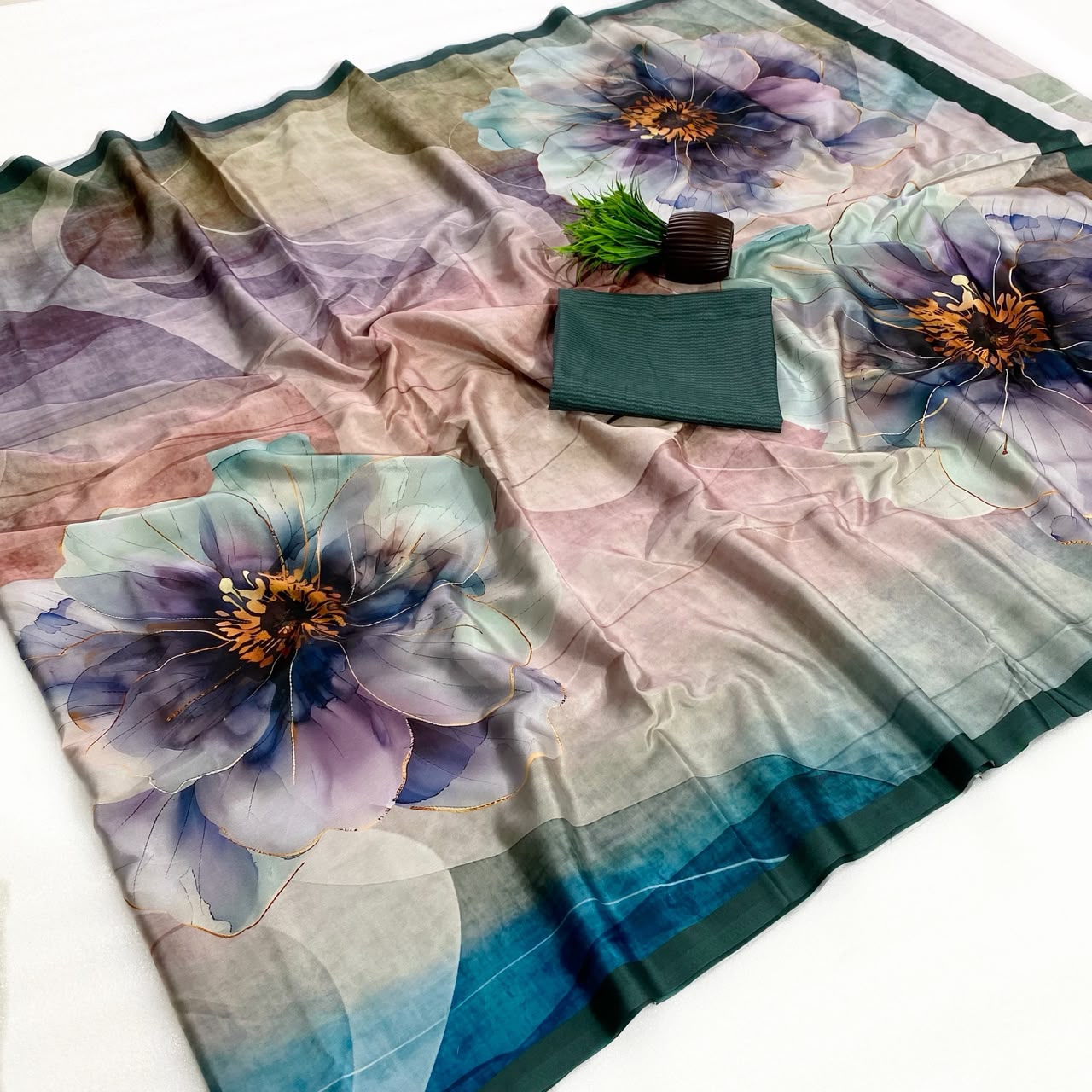 RajMata Ruby Crepe Saree with Fancy Digital Print - 8Pcs Set