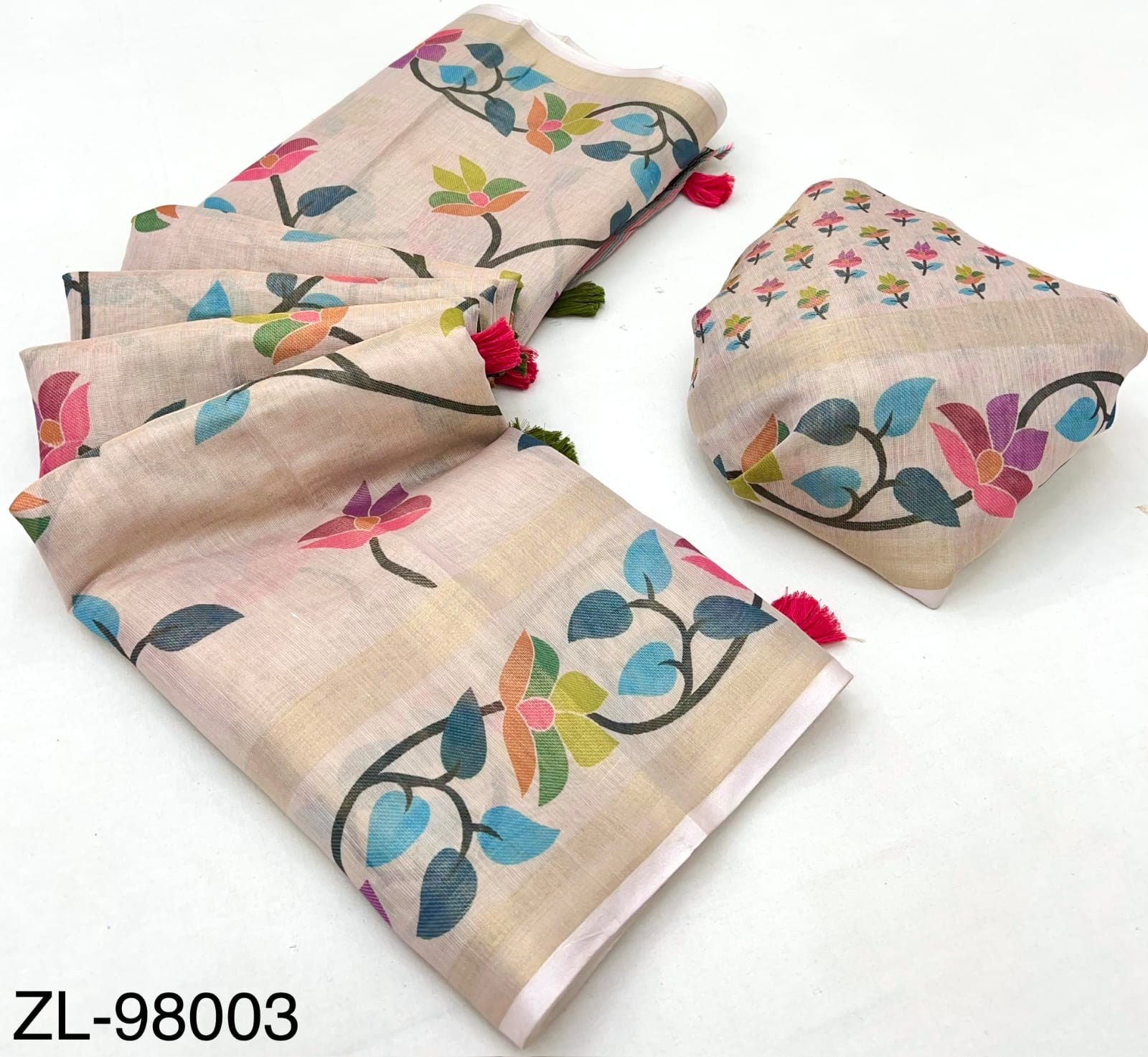 RajYog Kazari Zari Linen Chanderi Saree with Digital Print & Tassels – 6 Pcs Set