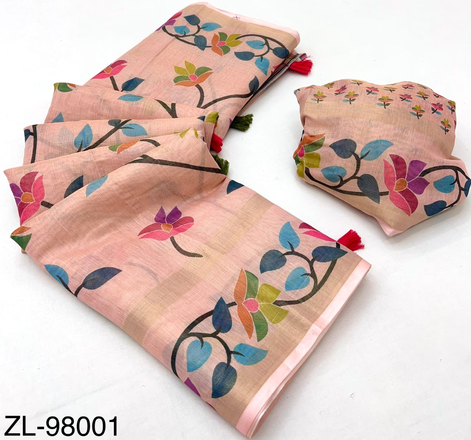 RajYog Kazari Zari Linen Chanderi Saree with Digital Print & Tassels – 6 Pcs Set