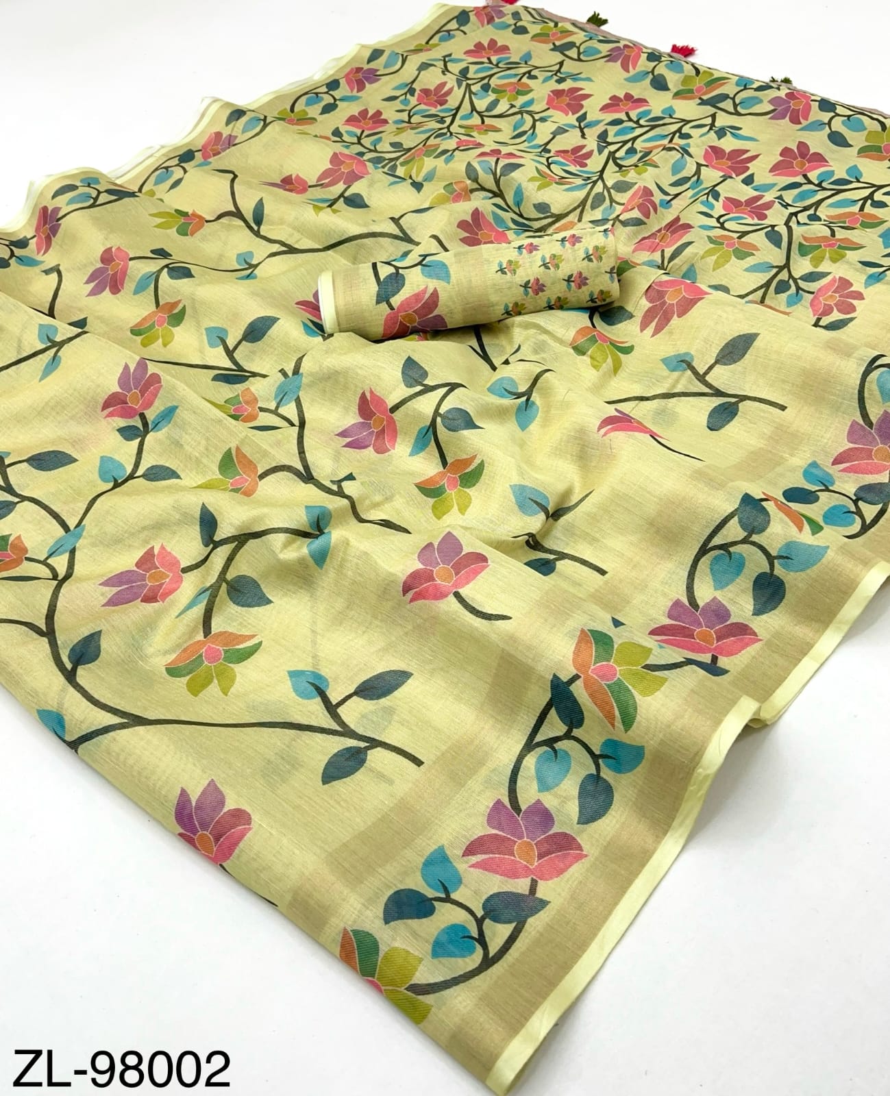 RajYog Kazari Zari Linen Chanderi Saree with Digital Print & Tassels – 6 Pcs Set