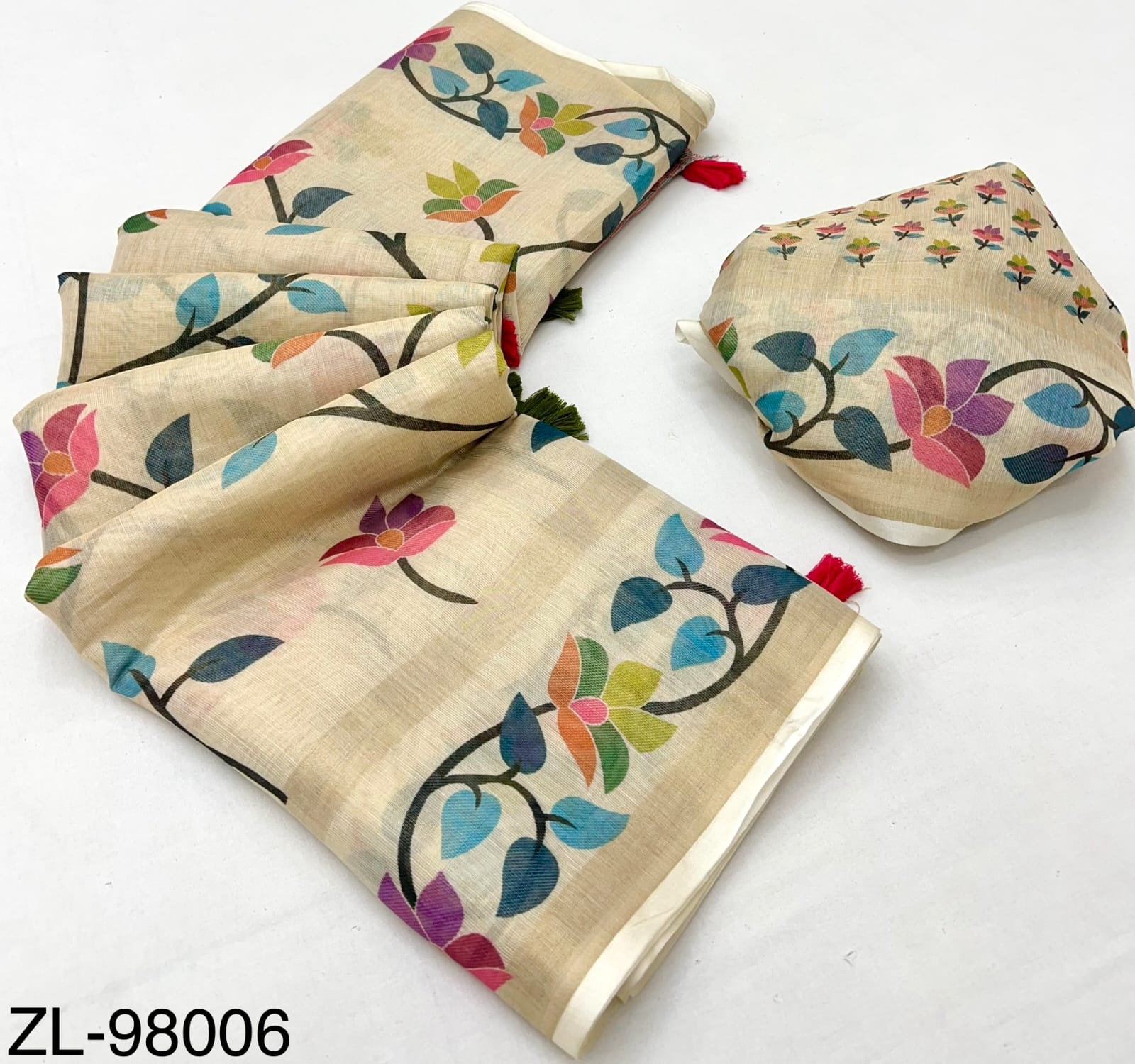 RajYog Kazari Zari Linen Chanderi Saree with Digital Print & Tassels – 6 Pcs Set