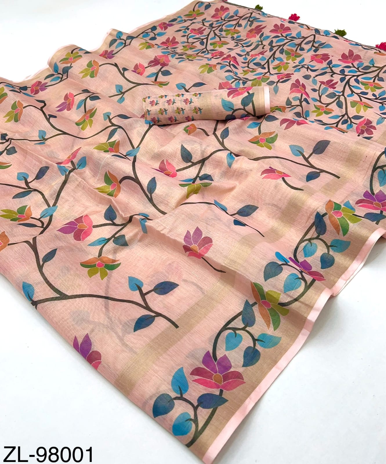 RajYog Kazari Zari Linen Chanderi Saree with Digital Print & Tassels – 6 Pcs Set
