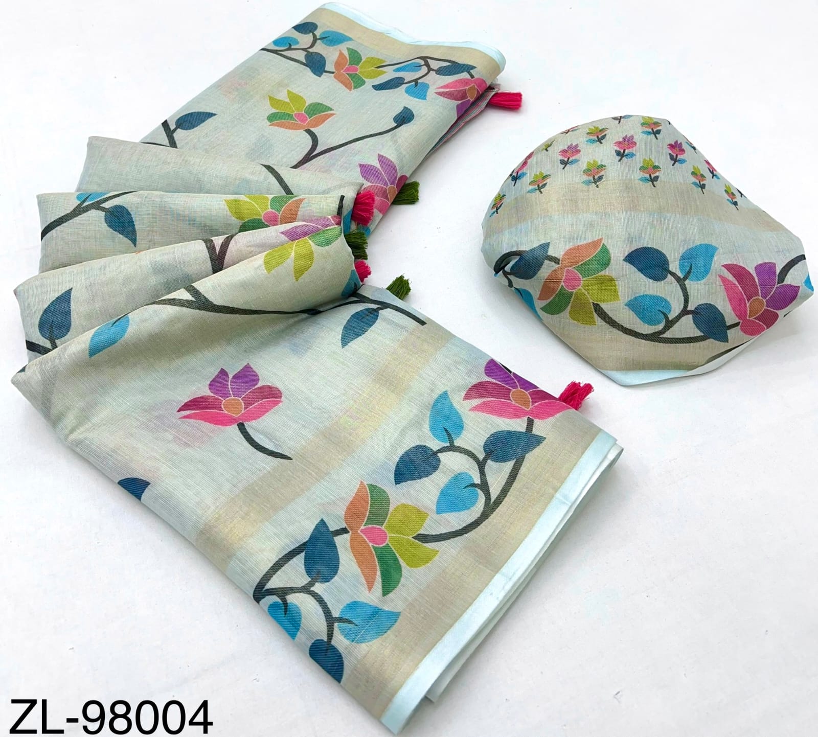 RajYog Kazari Zari Linen Chanderi Saree with Digital Print & Tassels – 6 Pcs Set