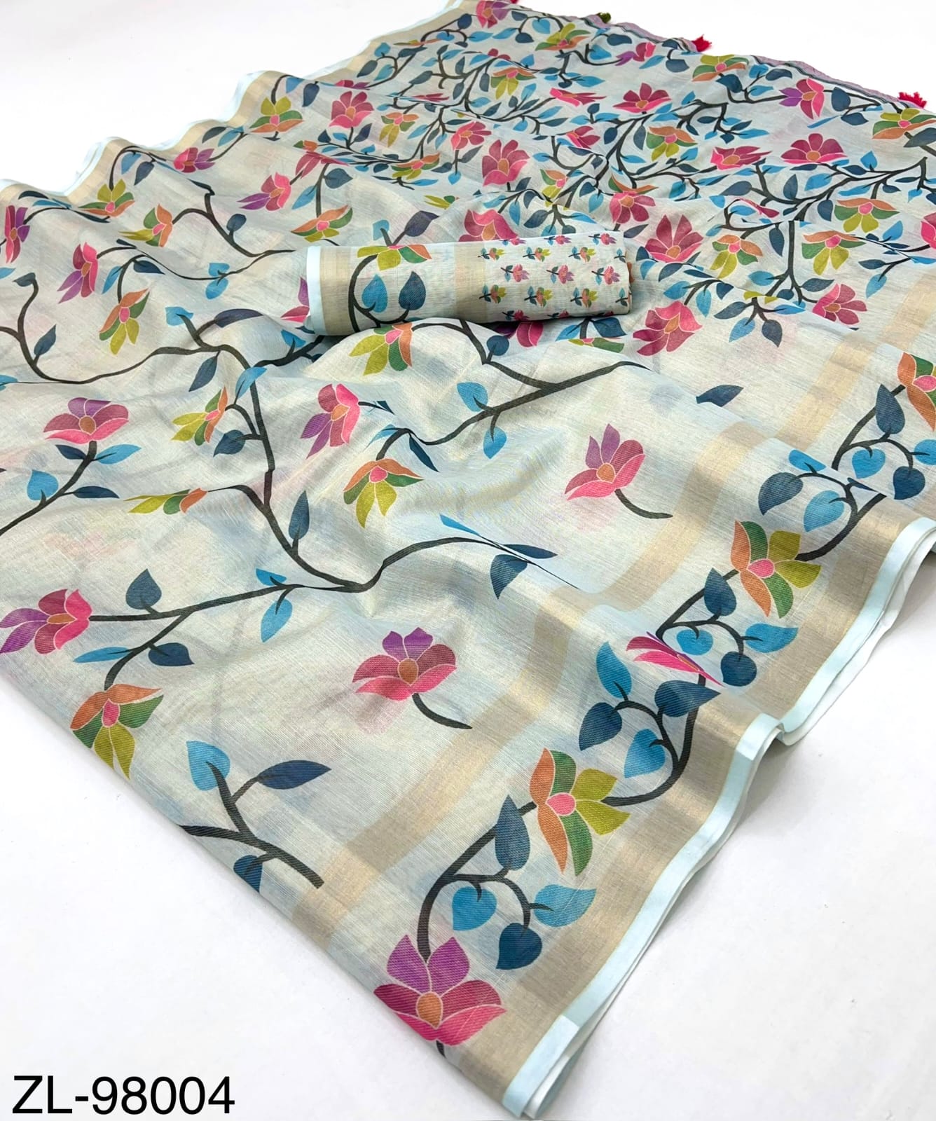 RajYog Kazari Zari Linen Chanderi Saree with Digital Print & Tassels – 6 Pcs Set