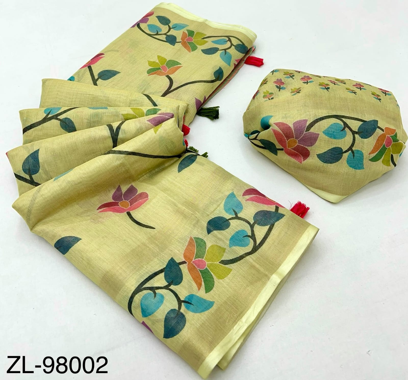 RajYog Kazari Zari Linen Chanderi Saree with Digital Print & Tassels – 6 Pcs Set