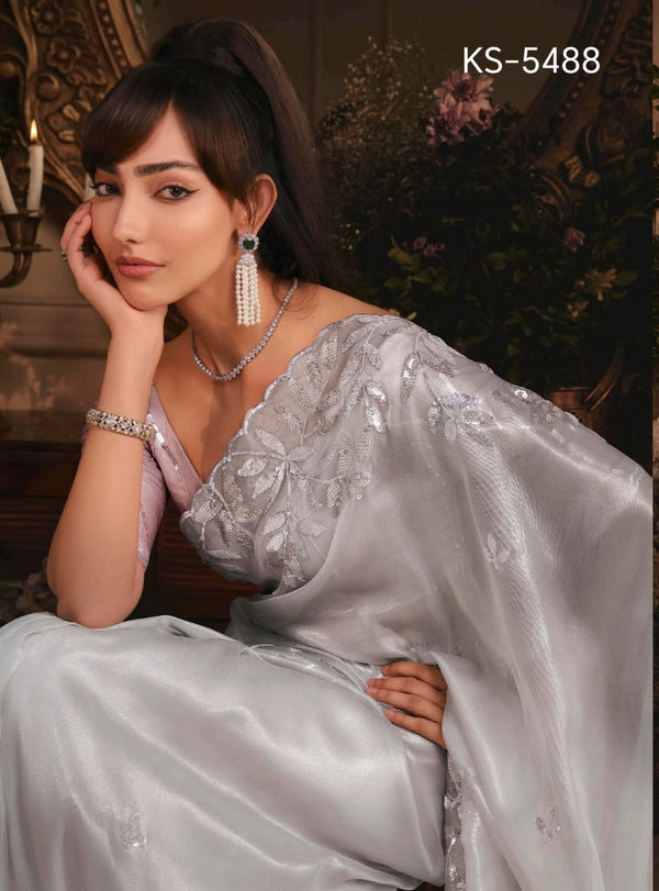 Kimora KS-5488 Silver Grey Fancy Embroidered Saree – Single Pcs M.R. Saree Emporium