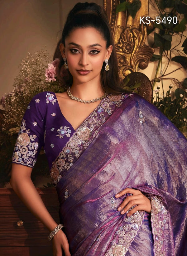 Kimora KS-5490 Purple Fancy Embroidered Saree – Single Pcs M.R. Saree Emporium