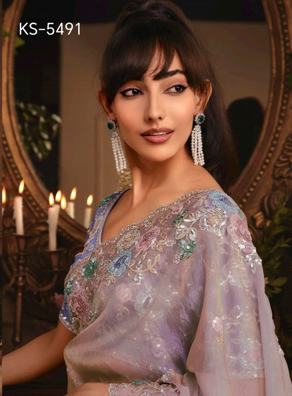 Kimora KS-5491 Pastel Lavender Embroidered Saree – Single Pcs M.R. Saree Emporium