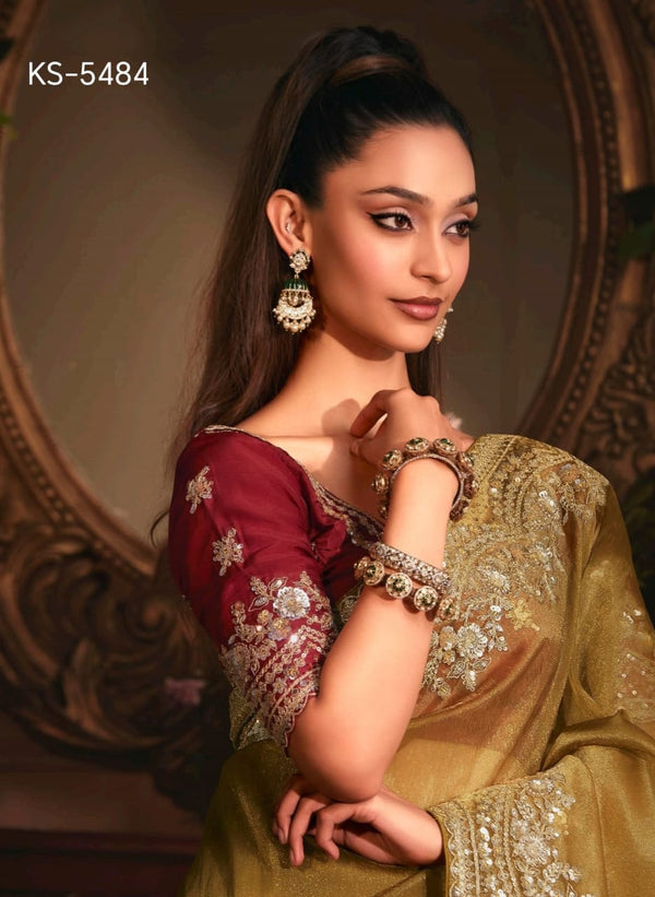 Kimora KS-5484 Olive Green Embroidered Saree with Maroon Blouse – Single Pcs M.R. Saree Emporium